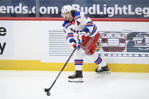 New York Rangers left wing Artemi Panarin (10) in action during the second period of an NHL hockey game against the Washington Capitals, Saturday, Feb. 20, 2021, in Washington. (AP Photo/Nick Wass)