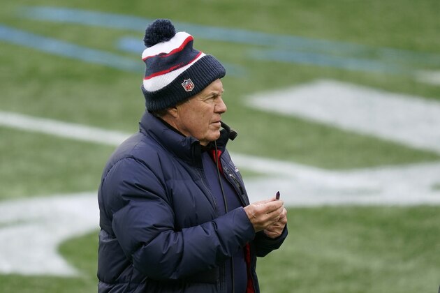 New England Patriots head coach Bill Belichick works along the sideline in the first half of an NFL football game against the New York Jets, Sunday, Jan. 3, 2021, in Foxborough, Mass. (AP Photo/Elise Amendola)