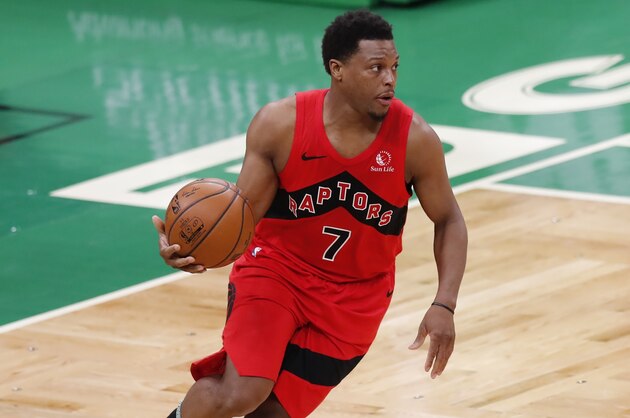 Toronto Raptors' Kyle Lowry plays against the Boston Celtics during the first half of an NBA basketball game, Thursday, Feb. 11, 2021, in Boston. (AP Photo/Michael Dwyer)
