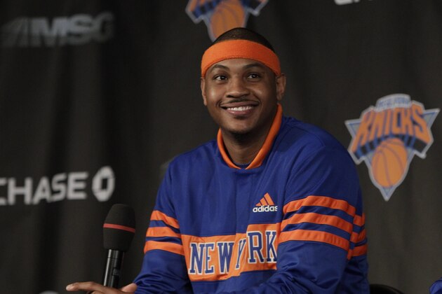 New York Knicks newest basketball player Carmelo Anthony smiles during an introductory news conference before an NBA basketball game against the Milwaukee Bucks Wednesday, Feb. 23, 2011, in New York.  (AP Photo/Kathy Willens)