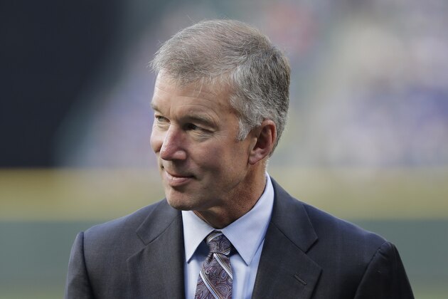 Seattle Mariners president Kevin Mather stands on the field before a baseball game against the Toronto Blue Jays, Friday, Aug. 3, 2018, in Seattle. (AP Photo/Ted S. Warren)