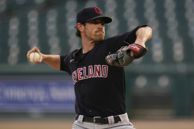 Cleveland Indians pitcher Shane Bieber throws against the Detroit Tigers in the third fourth inning of a baseball game in Detroit, Saturday, Aug. 15, 2020. (AP Photo/Paul Sancya)