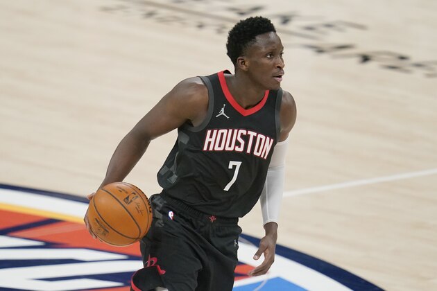 Houston Rockets guard Victor Oladipo (7) during an NBA basketball game against the Oklahoma City Thunder, Wednesday, Feb. 3, 2021, in Oklahoma City. (AP Photo/Sue Ogrocki)