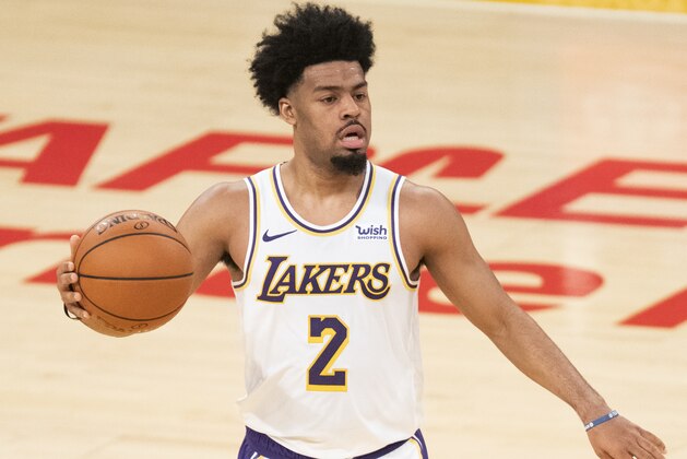 Los Angeles Lakers guard Quinn Cook during an NBA preseason basketball game against the Los Angeles Clippers in Los Angeles, Friday, Dec. 11, 2020. (AP Photo/Kyusung Gong)