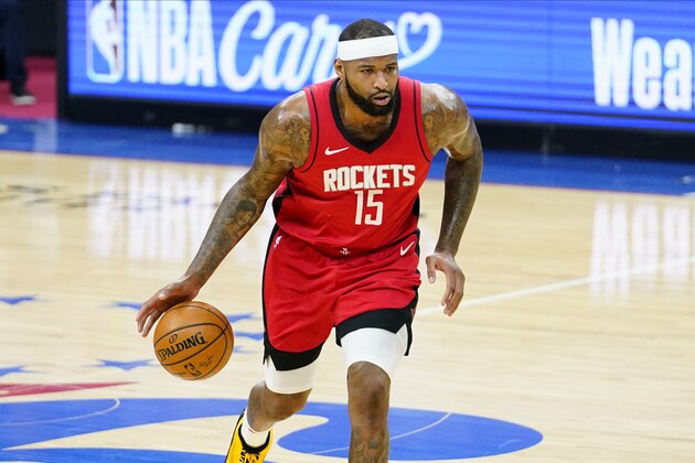 Houston Rockets' DeMarcus Cousins plays during an NBA basketball game against the Philadelphia 76ers, Wednesday, Feb. 17, 2021, in Philadelphia. (AP Photo/Matt Slocum)