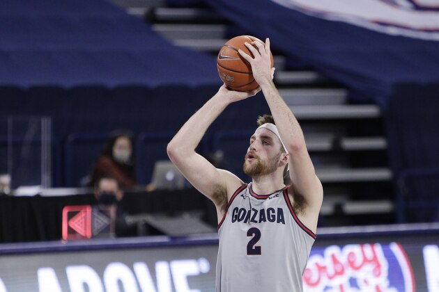 Gonzaga forward Drew Timme shoots a free throw during the second half of an NCAA college basketball game against San Diego in Spokane, Wash., Saturday, Feb. 20, 2021. (AP Photo/Young Kwak)