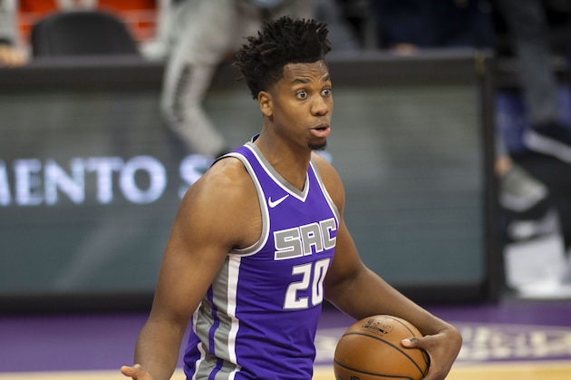 Sacramento Kings center Hassan Whiteside (20) reacts to a call during the second half of an NBA basketball game against the Denver Nuggets in Sacramento, Calif., Tuesday, Dec. 29, 2020. (AP Photo/Hector Amezcua)