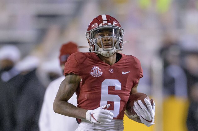 Alabama wide receiver DeVonta Smith (6) runs during an NCAA college football game against LSU in Baton Rouge, La., Saturday, Dec. 5, 2020. (AP Photo/Matthew Hinton)