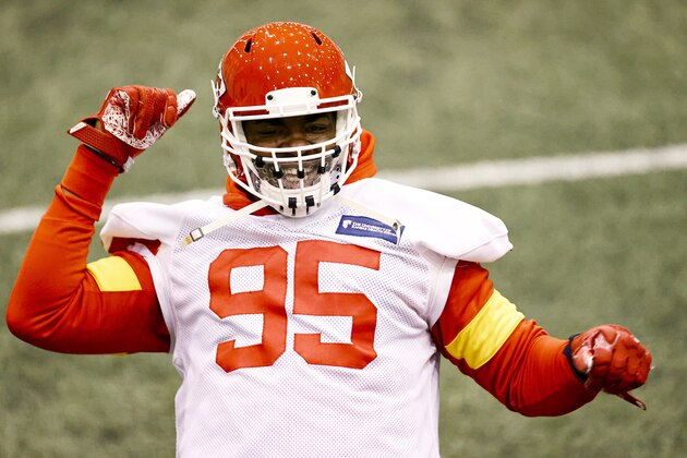 Kansas City Chiefs Defensive Tackle Chris Jones (95) stretching during NFL football practice Thursday, Feb. 4, 2021, in Kansas City, Mo. The Chiefs will face the Tampa Bay Buccaneers in Super Bowl 55. (Steve Sanders/Kansas City Chiefs via AP)