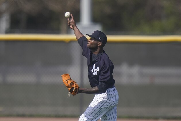 New York Yankees' Domingo German, left, warms up during a spring training baseball workout Monday, Feb. 22, 2021, in Tampa, Fla. (AP Photo/Frank Franklin II)