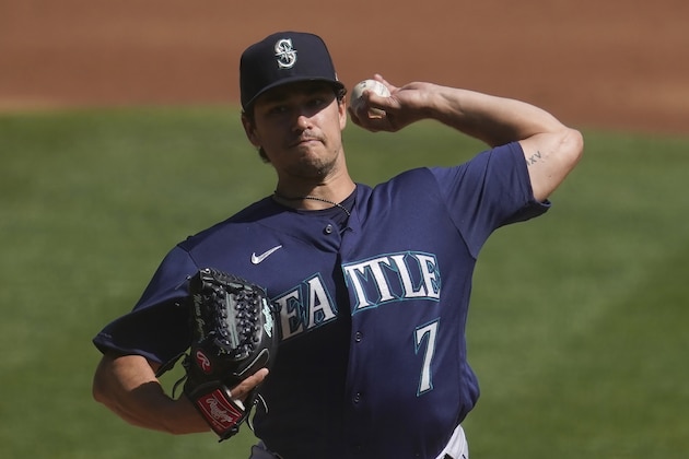 Seattle Mariners' Marco Gonzales against the Oakland Athletics during a baseball game in Oakland, Calif., Sunday, Sept. 27, 2020. (AP Photo/Jeff Chiu)