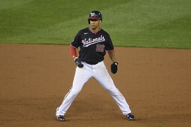 Washington Nationals' Juan Soto takes a lead during the second baseball game of a doubleheader against the New York Mets, Saturday, Sept. 26, 2020, in Washington. The Nationals won 5-3. (AP Photo/Nick Wass)