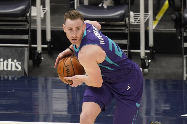 Charlotte Hornets forward Gordon Hayward (20) brings the ball up court in the first half during an NBA basketball game against the Utah Jazz Monday, Feb. 22, 2021, in Salt Lake City. (AP Photo/Rick Bowmer)