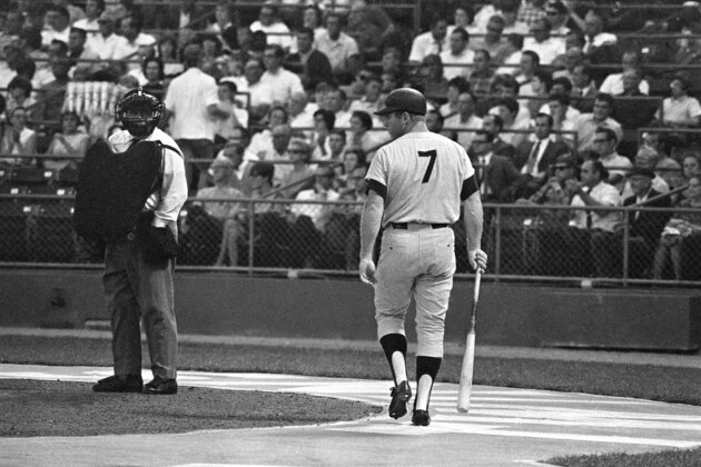 New York Yankee’s slugger Mickey Mantle is shown about to take his last turn at bat at Metropolitan Stadium in Bloomington, Minnesota in August 1968 against the Minnesota Twins. Mantle ended his 18-yr career with a .298 batting average and 18 World Series homers. (AP Photo)