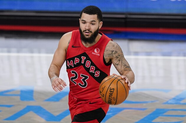 Toronto Raptors' Fred VanVleet (23) during the second half of an NBA basketball game against the Brooklyn Nets Friday, Feb. 5, 2021, in New York. (AP Photo/Frank Franklin II)