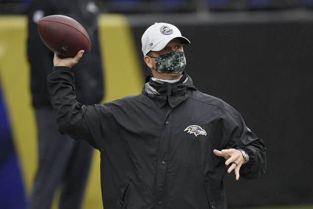Baltimore Ravens head coach John Harbaugh throws a football prior to an NFL football game against the Pittsburgh Steelers, Sunday, Nov. 1, 2020, in Baltimore. (AP Photo/Nick Wass)