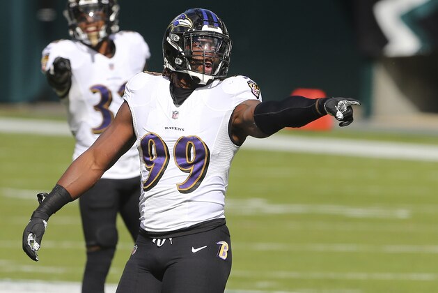 Baltimore Ravens' Matthew Judon (99) during an NFL football game against the Philadelphia Eagles, Sunday, Oct. 18, 2020, in Philadelphia. The Ravens defeated the Eagles 30-28. (AP Photo/Rich Schultz)