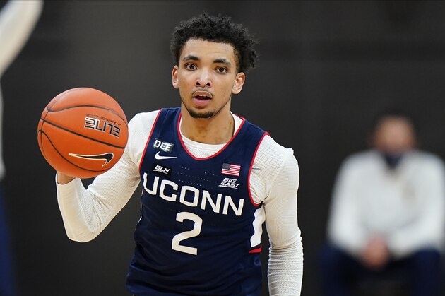 Connecticut's James Bouknight plays during an NCAA college basketball game against Villanova, Saturday, Feb. 20, 2021, in Villanova, Pa. (AP Photo/Matt Slocum) Connecticut's James Bouknight plays during an NCAA college basketball game against Villanova, Saturday, Feb. 20, 2021, in Villanova, Pa. (AP Photo/Matt Slocum)