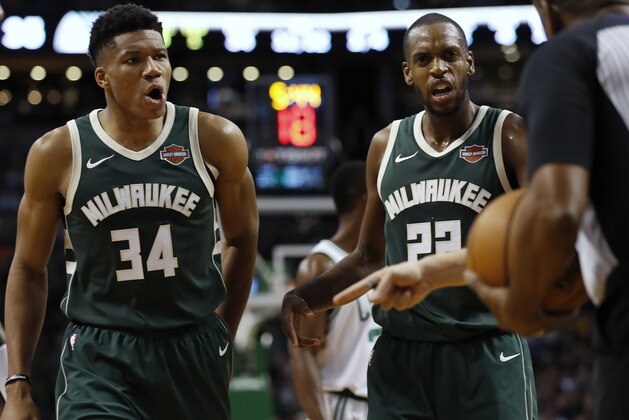Milwaukee Bucks' Giannis Antetokounmpo (34) and Khris Middleton question a referee during the second quarter of their 111-100 loss to the Boston Celtics in an NBA basketball game in Boston, Monday, Dec. 4, 2017. (AP Photo/Winslow Townson) Milwaukee Bucks' Giannis Antetokounmpo (34) and Khris Middleton question a referee during the second quarter of their 111-100 loss to the Boston Celtics in an NBA basketball game in Boston, Monday, Dec. 4, 2017. (AP Photo/Winslow Townson)