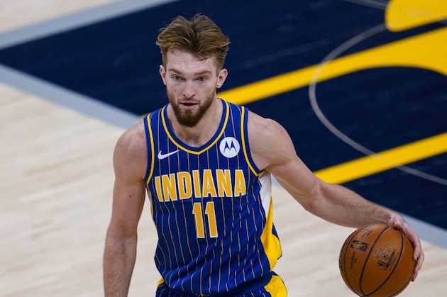 Indiana Pacers forward Domantas Sabonis (11) plays against the Chicago Bulls during the second half of an NBA basketball game in Indianapolis, Monday, Feb. 15, 2021. (AP Photo/Michael Conroy)