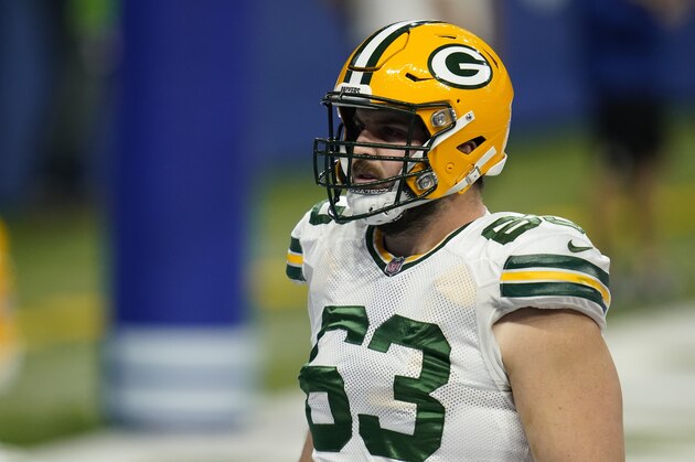 Green Bay Packers center Corey Linsley (63) warms up before an NFL football game between the Indianapolis Colts and the Green Bay Packers, Sunday, Nov. 22, 2020, in Indianapolis. (AP Photo/Michael Conroy)