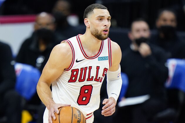 Chicago Bulls' Zach LaVine plays during an NBA basketball game against the Philadelphia 76ers, Friday, Feb. 19, 2021, in Philadelphia. (AP Photo/Matt Slocum)