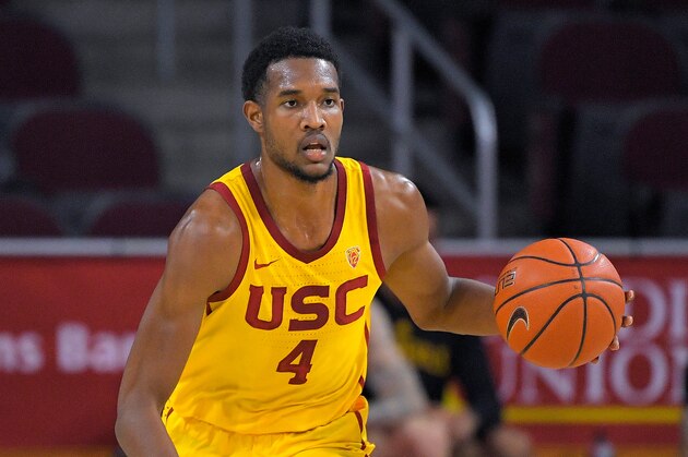 Southern California forward Evan Mobley dribbles during the second half of an NCAA college basketball game against Arizona State Wednesday, Feb. 17, 2021, in Los Angeles. USC won 89-71. (AP Photo/Mark J. Terrill)