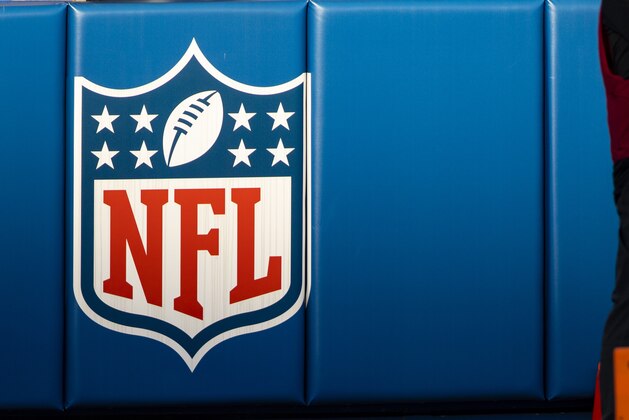 Detail view of NFL shield logo on the wall of the stadium during the third quarter of an NFL wild-card playoff football game between the Buffalo Bills and the Indianapolis Colts, Saturday, Jan. 9, 2021, in Orchard Park, N.Y. Buffalo won the game 27-24. (AP Photo/Brett Carlsen)