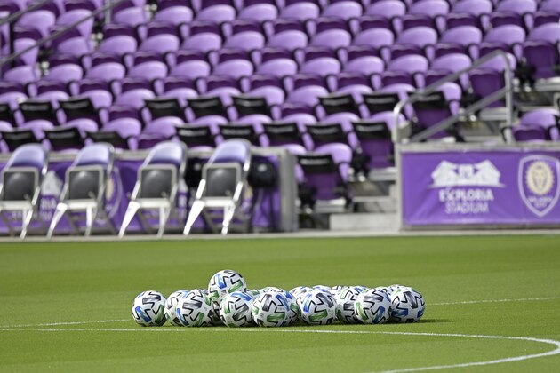Balls lie on the pitch before an MLS soccer playoff match between Orlando City and the New York City FC, Saturday, Nov. 21, 2020, in Orlando, Fla. (AP Photo/Phelan M. Ebenhack)