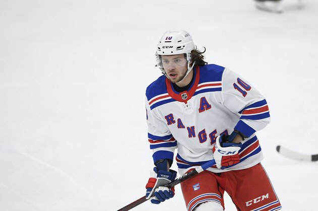 New York Rangers left wing Artemi Panarin (10) warms up before an NHL hockey game against the Washington Capitals, Saturday, Feb. 20, 2021, in Washington. (AP Photo/Nick Wass) New York Rangers left wing Artemi Panarin (10) warms up before an NHL hockey game against the Washington Capitals, Saturday, Feb. 20, 2021, in Washington. (AP Photo/Nick Wass)