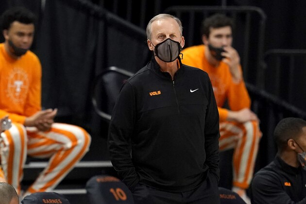 Tennessee head coach Rick Barnes looks on as his team runs a play against Texas A&M during the second half of an NCAA college basketball game Saturday, Jan. 9, 2021, in College Station, Texas. (AP Photo/Sam Craft)