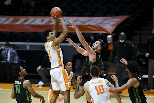 Tennessee's Jaden Springer (11) shoots against South Carolina-Upstate during an NCAA college basketball game Wednesday, Dec. 23, 2020, in Knoxville, Tenn. (Saul Young/Knoxville News Sentinel via AP, Pool)