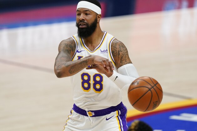 Los Angeles Lakers forward Markieff Morris (88) in the second half of an NBA basketball game Sunday, Feb. 14, 2021, in Denver. The Nuggegts won 122-105. (AP Photo/David Zalubowski)