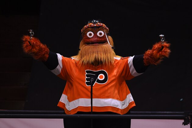 Philadelphia Flyers' mascot Gritty in action during an NHL hockey game against the Buffalo Sabres, Tuesday, Jan. 19, 2021, in Philadelphia. (AP Photo/Derik Hamilton)