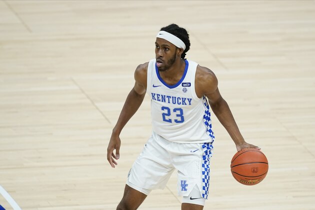 Kentucky's Isaiah Jackson (23) dribbles during the second half of an NCAA college basketball game against Kansas, Tuesday, Dec. 1, 2020, in Indianapolis. (AP Photo/Darron Cummings)