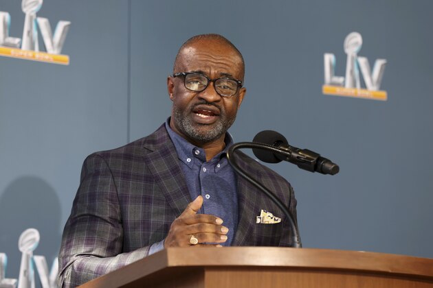 Executive director of the NFL Players Association DeMaurice Smith speaks during a press conference ahead of Super Bowl 55, Thursday, Feb. 4, 2021, in Tampa, Fla. (Perry Knotts/NFL via AP)
