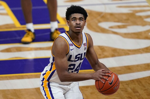 LSU guard Cameron Thomas (24) shoots a free throw in the second half an NCAA college basketball game against Tennessee in Baton Rouge, La., Saturday, Feb. 13, 2021. LSU won 65-78. (AP Photo/Gerald Herbert)