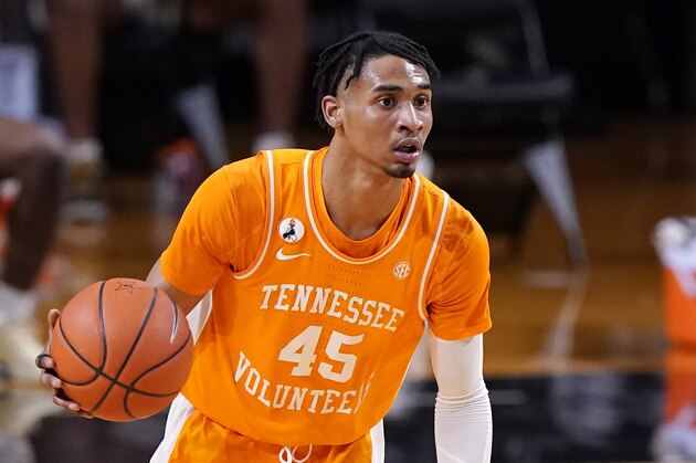 Tennessee's Keon Johnson (45) plays against Vanderbilt in an NCAA college basketball game Wednesday, Feb. 24, 2021, in Nashville, Tenn. (AP Photo/Mark Humphrey)