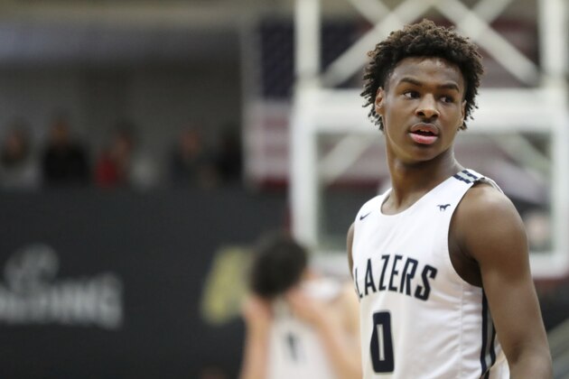 Sierra Canyon's Bronny James #0 in action against Paul VI during a high school basketball game at the Hoophall Classic, Monday, January 20, 2020, in Springfield, MA. (AP Photo/Gregory Payan)