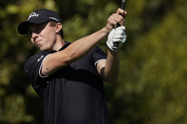 Matthew Fitzpatrick, of England, tees off on the fourth hole during the second round of the Genesis Invitational golf tournament at Riviera Country Club, Friday, Feb. 19, 2021, in the Pacific Palisades area of Los Angeles. (AP Photo/Ryan Kang)