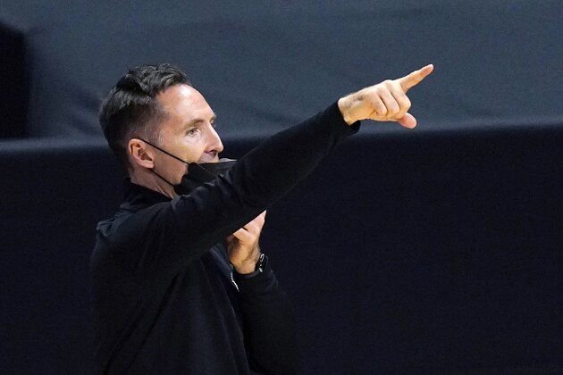 Brooklyn Nets coach Steve Nash gestures during the second half of the team's NBA basketball game against the Los Angeles Clippers on Sunday, Feb. 21, 2021, in Los Angeles. The Nets won 112-108. (AP Photo/Mark J. Terrill)
