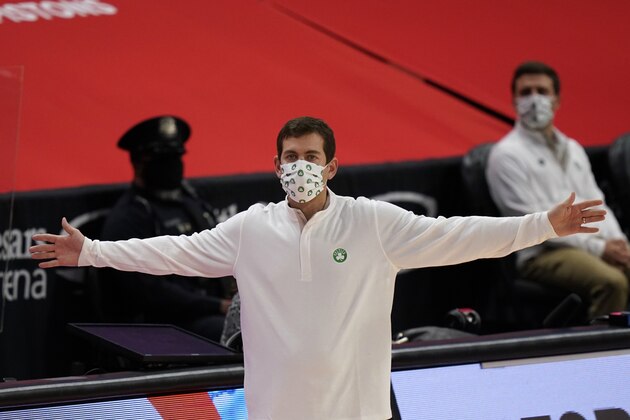 Boston Celtics coach Brad Stevens reacts on the sideline during the second half of the team's NBA basketball game against the Detroit Pistons, Friday, Jan. 1, 2021, in Detroit. (AP Photo/Carlos Osorio)