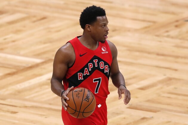Toronto Raptors' Kyle Lowry plays against the Boston Celtics during the first half of an NBA basketball game, Thursday, Feb. 11, 2021, in Boston. (AP Photo/Michael Dwyer)