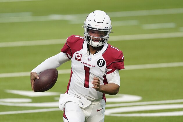 Arizona Cardinals quarterback Kyler Murray (1) runs against the Los Angeles Rams during the first half of an NFL football game in Inglewood, Calif., Sunday, Jan. 3, 2021. (AP Photo/Ashley Landis)