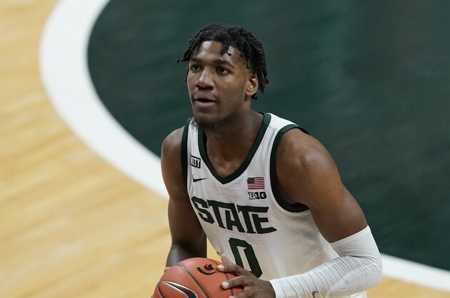 Michigan State forward Aaron Henry plays during the second half of an NCAA college basketball game against Illinois, Tuesday, Feb. 23, 2021, in East Lansing, Mich. (AP Photo/Carlos Osorio)