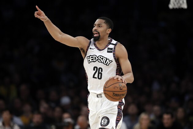 Brooklyn Nets' Spencer Dinwiddie (26) dribbles against the Los Angeles Lakers during the second half of an NBA basketball game Tuesday, March 10, 2020, in Los Angeles. (AP Photo/Marcio Jose Sanchez)