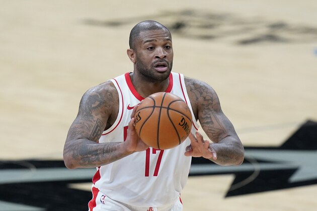 Houston Rockets forward P.J. Tucker (17) during the first half of an NBA basketball game against the San Antonio Spurs in San Antonio, Thursday, Jan. 14, 2021. (AP Photo/Eric Gay)