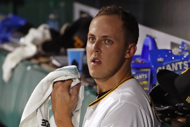 Pittsburgh Pirates starting pitcher Jameson Taillon towels off as he sits in the dugout after pitching the top of the fifth inning of a baseball game against the Kansas City Royals in Pittsburgh, Tuesday, Sept. 18, 2018. (AP Photo/Gene J. Puskar)