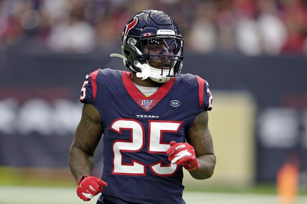 Houston Texans running back Duke Johnson (25) lines up against the Tennessee Titans during the first half of an NFL football game Sunday, Dec. 29, 2019, in Houston. (AP Photo/Michael Wyke)