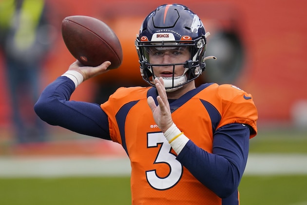 Denver Broncos quarterback Drew Lock (3) warms up before an NFL football game against the Las Vegas Raiders, Sunday, Jan. 3, 2021, in Denver. (AP Photo/Jack Dempsey)